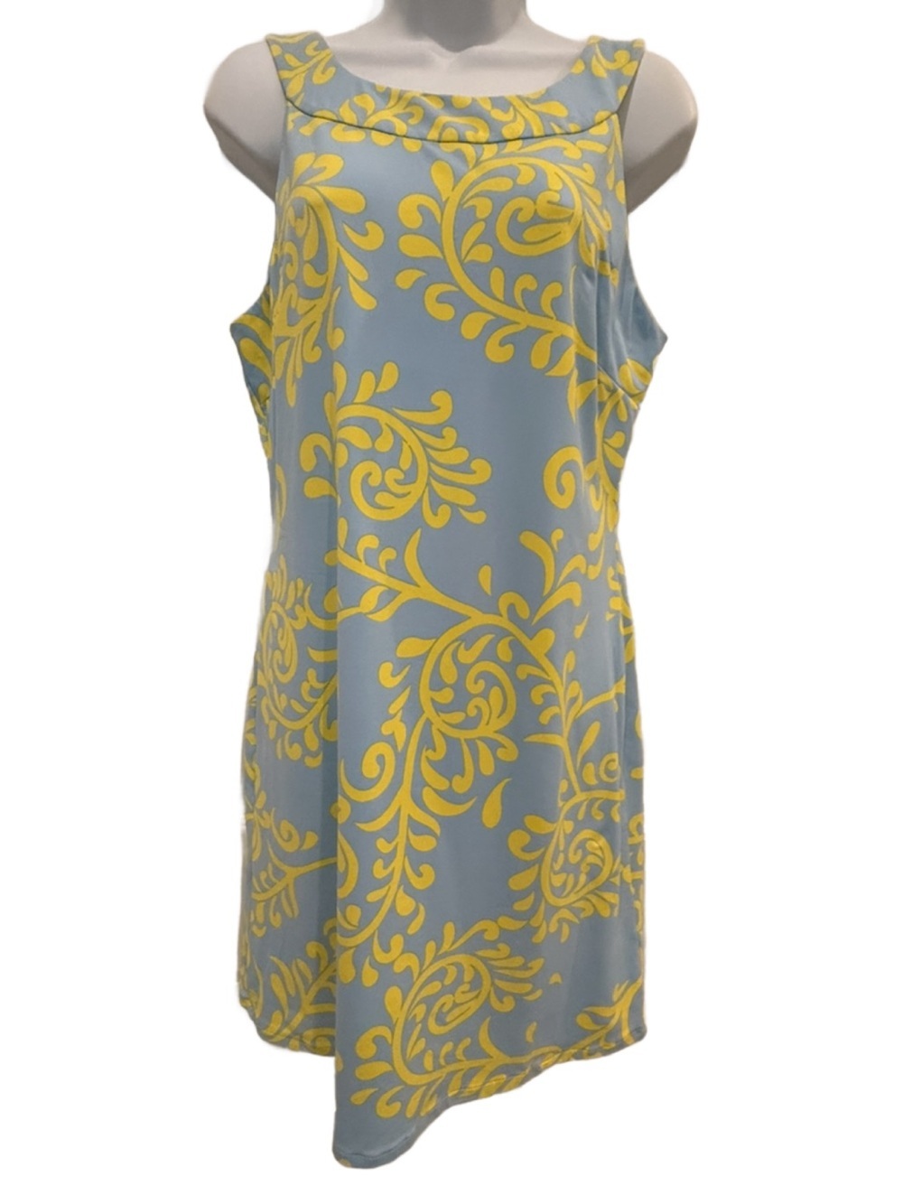 J Mclaughlin Sleeveless Blue Mini Dress with Yellow Scroll Print. Medium